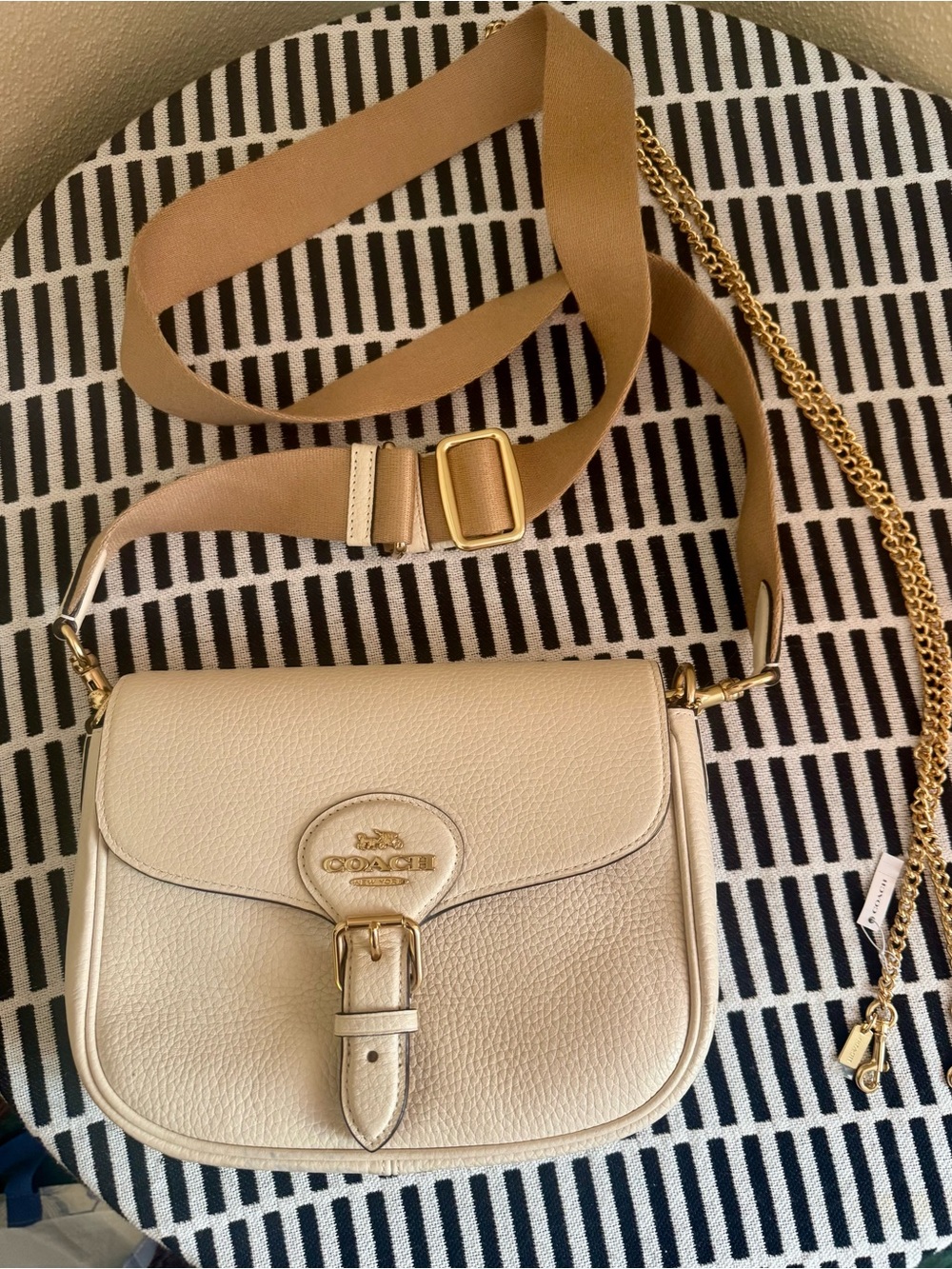 Coach Cream Pebbled Leather Crossbody with Tan Fabric Strap and Gold Hardware